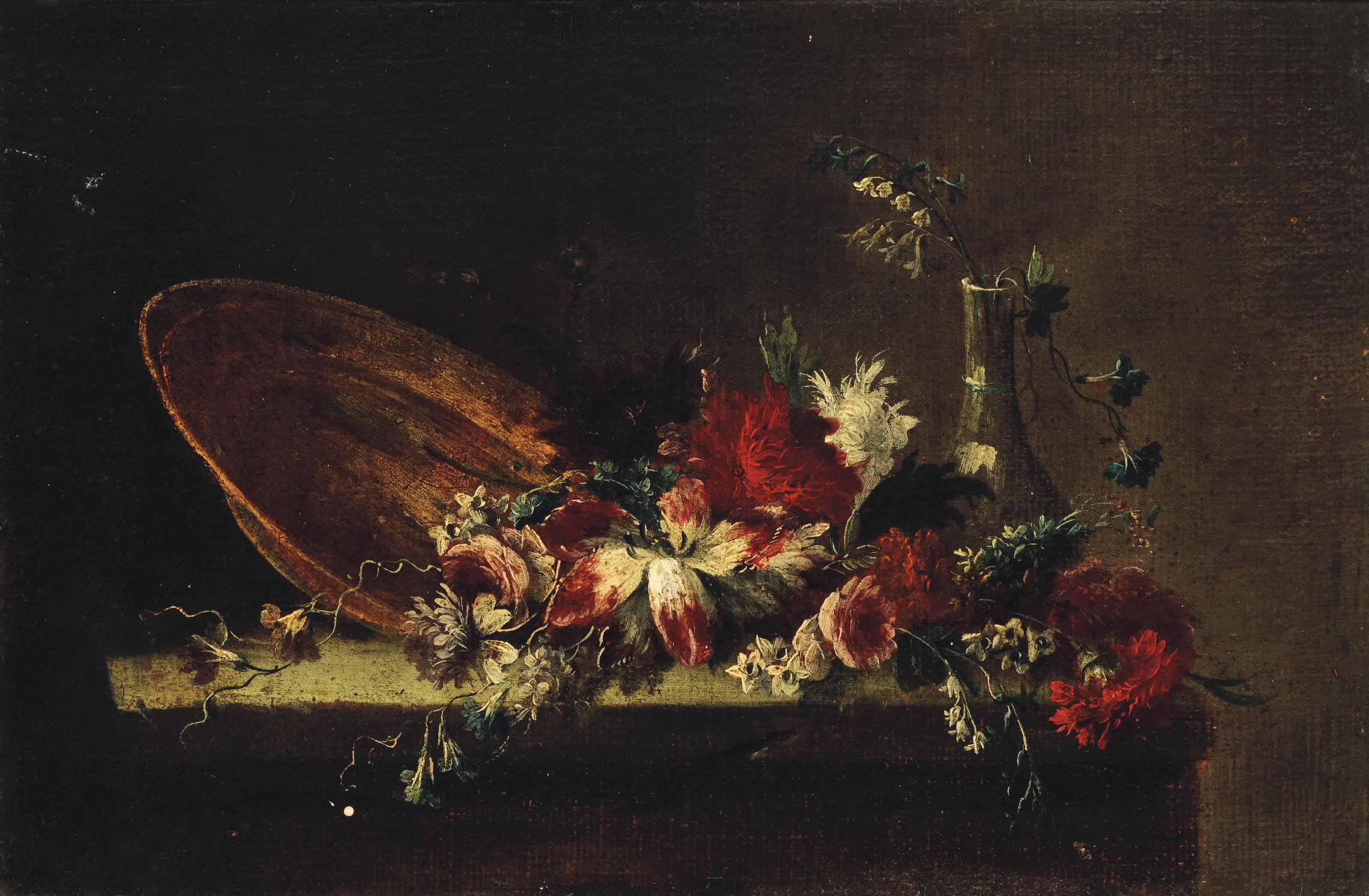 Francesco Lavagna - Roses, Carnations, Narcissi And Other Flowers With An Upturned Plate And A Glass Vase On A Stone Ledge