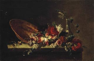 Francesco Lavagna - Roses, Carnations, Narcissi And Other Flowers With An Upturned Plate And A Glass Vase On A Stone Ledge