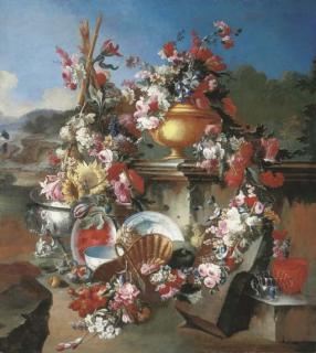 Francesco Lavagna - Roses, narcissi, carnations, tulips and other flowers in an urn with flower garlands draped on a stone pedestal and surrounded by flowers and fruit in a landscape