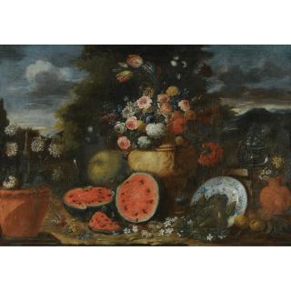 Francesco Lavagna - Still Life With A Large Arrangement Of Flowers In A Carved Stone Urn, With Open Watermelons, Figs And Earthenware Pots On The Garden Floor Beneath