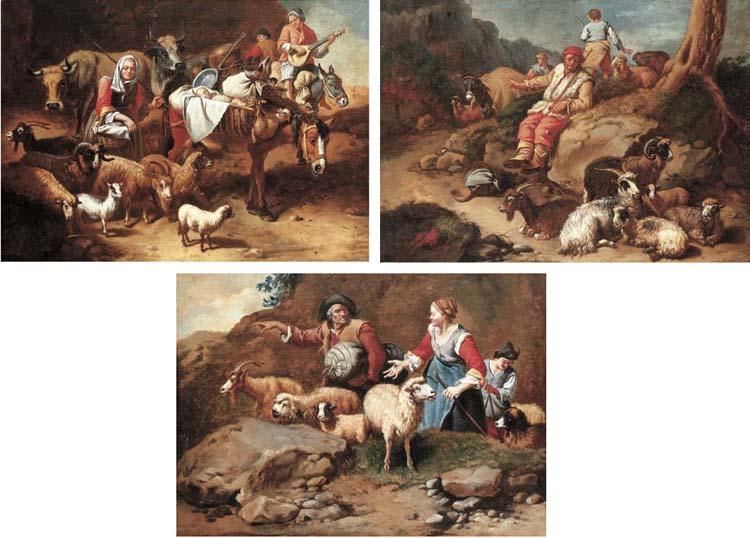 Francesco Londonio - Shepherds with their grazing sheep; Shepherds resting with their flock; and Peasants traveling with donkeys and sheep