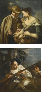 Francesco Maggiotto - A Hunter Handing Coins To A Fruit Seller, A Child Clutching Her Apron; A Hunter With His Companion, A Spaniel And The Spoils Of His Hunt
