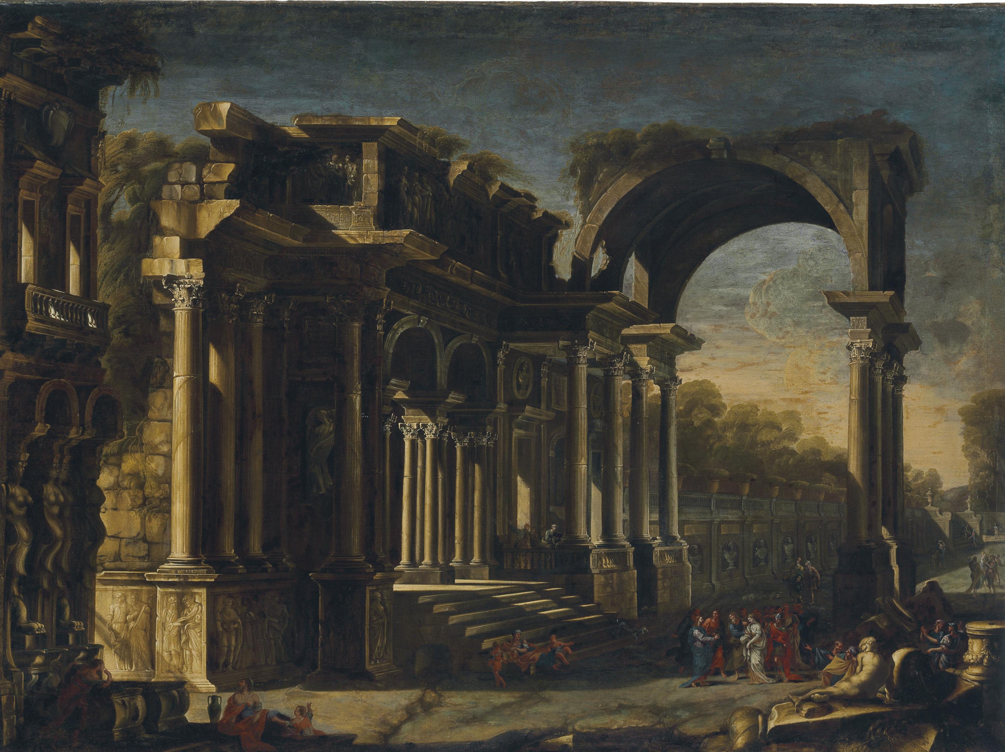 Francesco Maglioli - A Capriccio With Roman Ruins And Christ With The Woman Taken In Adultery