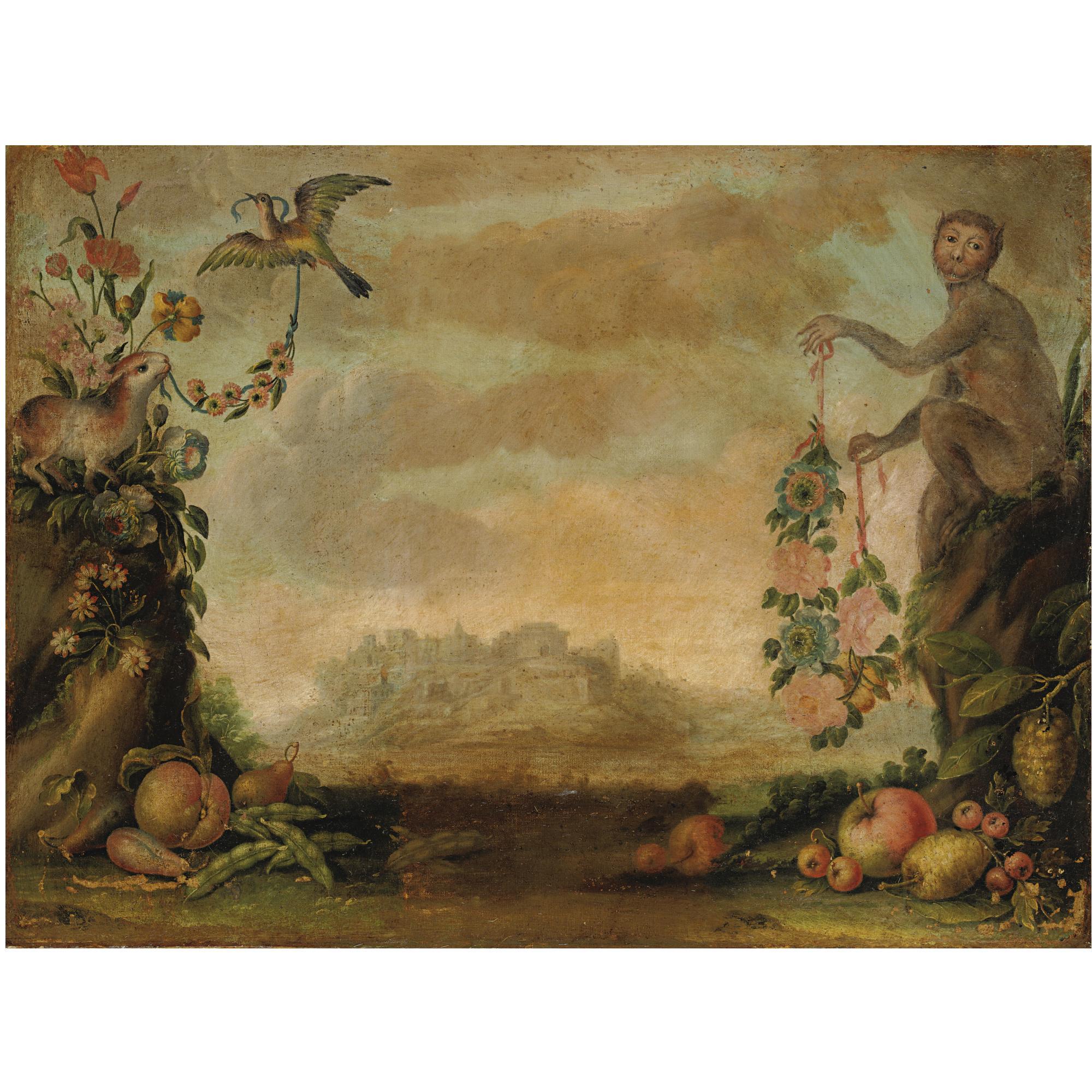 Francesco Malagoli - Natura Morta Con Frutta E Fiori, Una Scimmia, Un Coniglio E Un Uccello, Una Città Sul Fondo