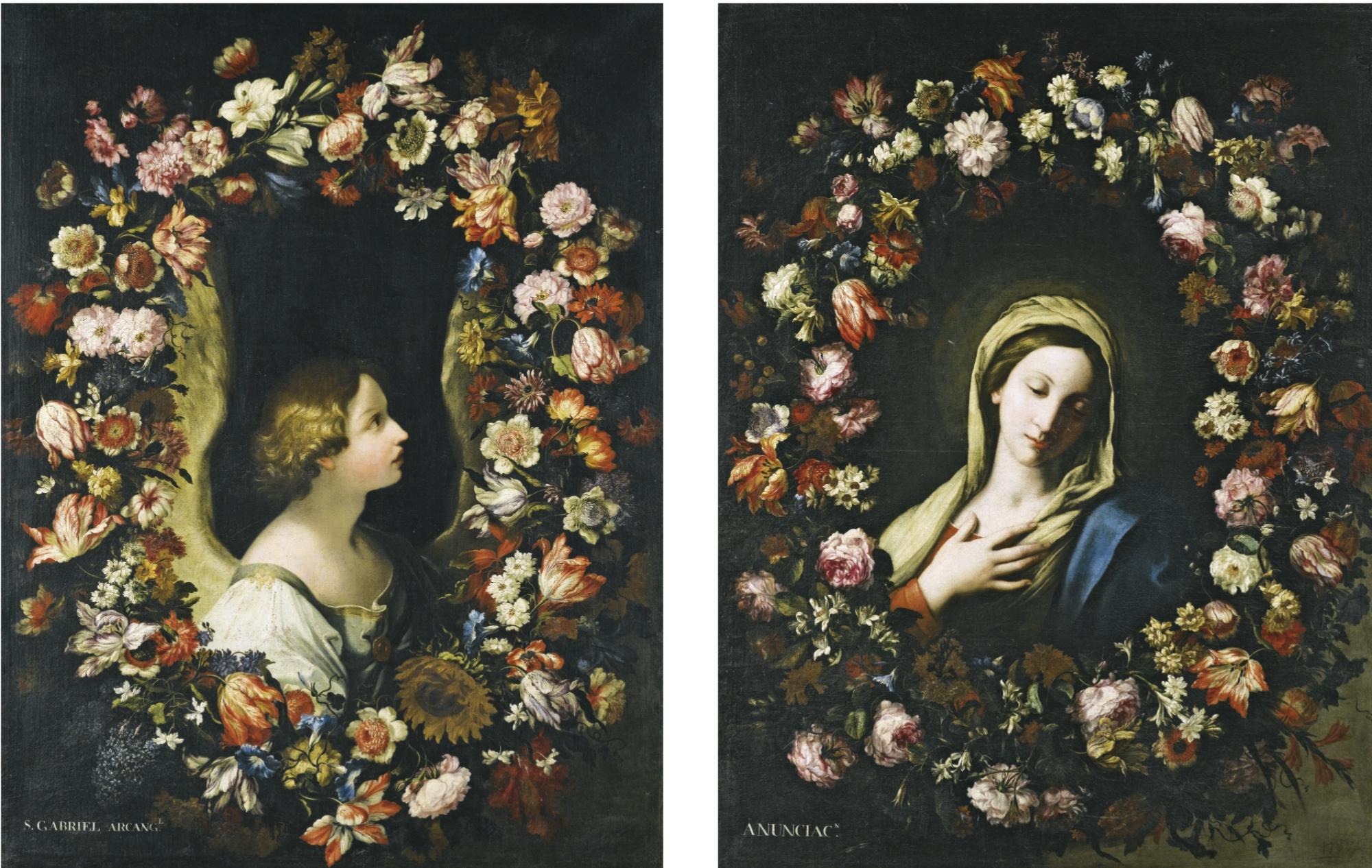 Francesco Mantovano - A Flower Garland Surrounding The Angel Gabriel; A Flower Garland Surrounding The Virgin Annunciate