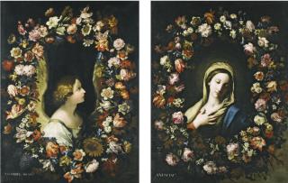 Francesco Mantovano - A Flower Garland Surrounding The Angel Gabriel; A Flower Garland Surrounding The Virgin Annunciate