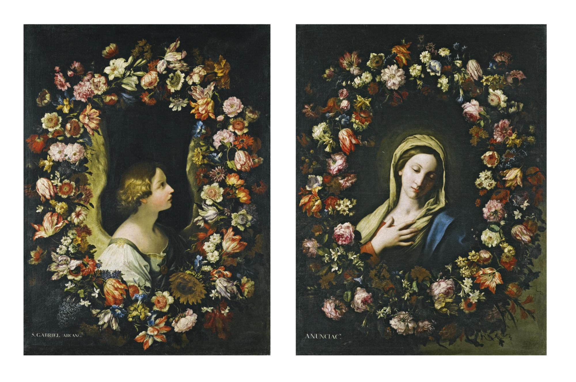 Francesco Mantovano - A Flower Garland Surrounding The Angel Gabriel; A Flower Garland Surrounding The Virgin Annunciate