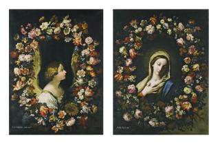 Francesco Mantovano - A Flower Garland Surrounding The Angel Gabriel; A Flower Garland Surrounding The Virgin Annunciate