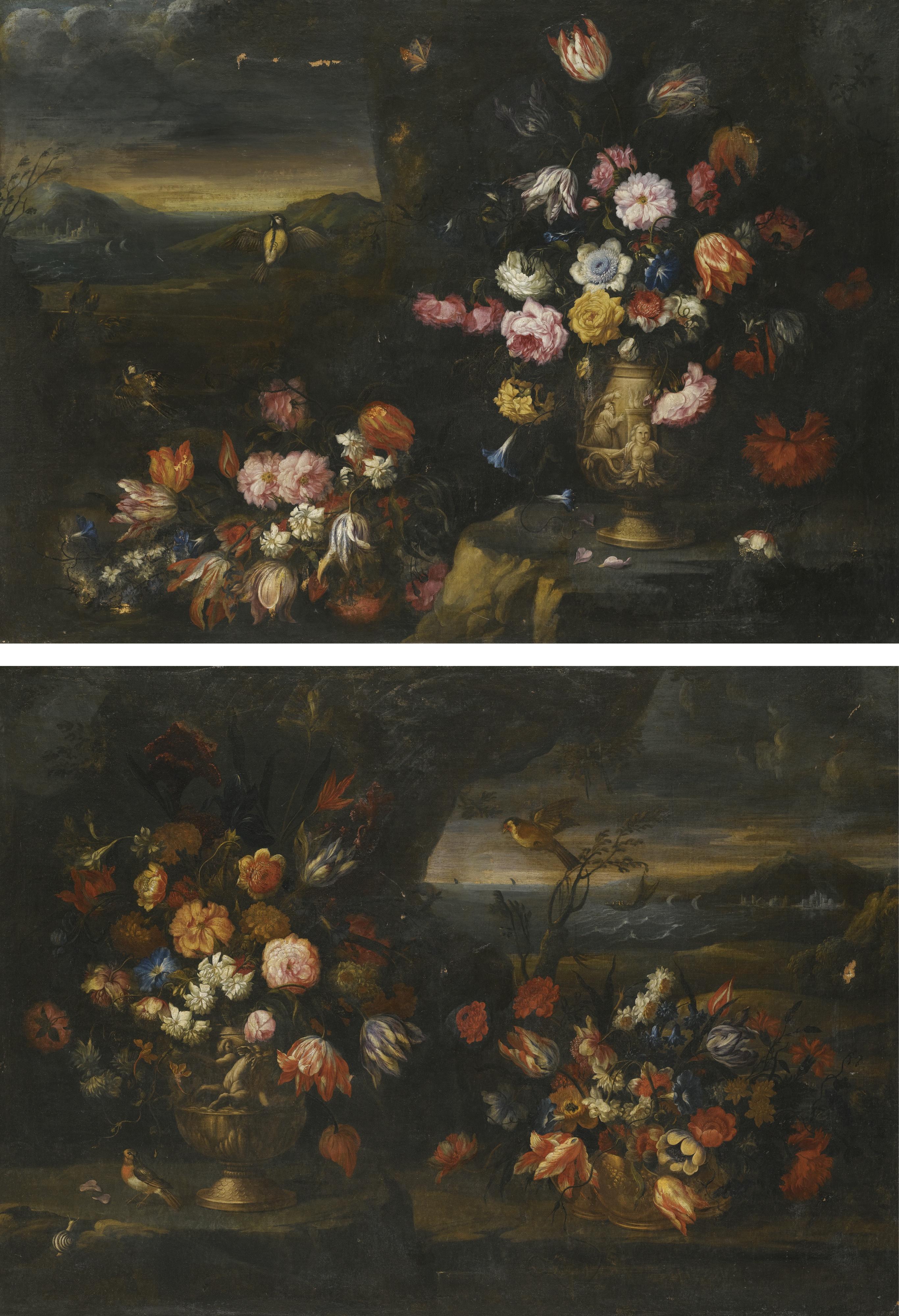 Francesco Mantovano - A Pair Of Still Lifes, Each With Vases Of Flowers In A Coastal Landscape Setting