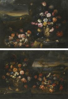 Francesco Mantovano - A Pair Of Still Lifes, Each With Vases Of Flowers In A Coastal Landscape Setting