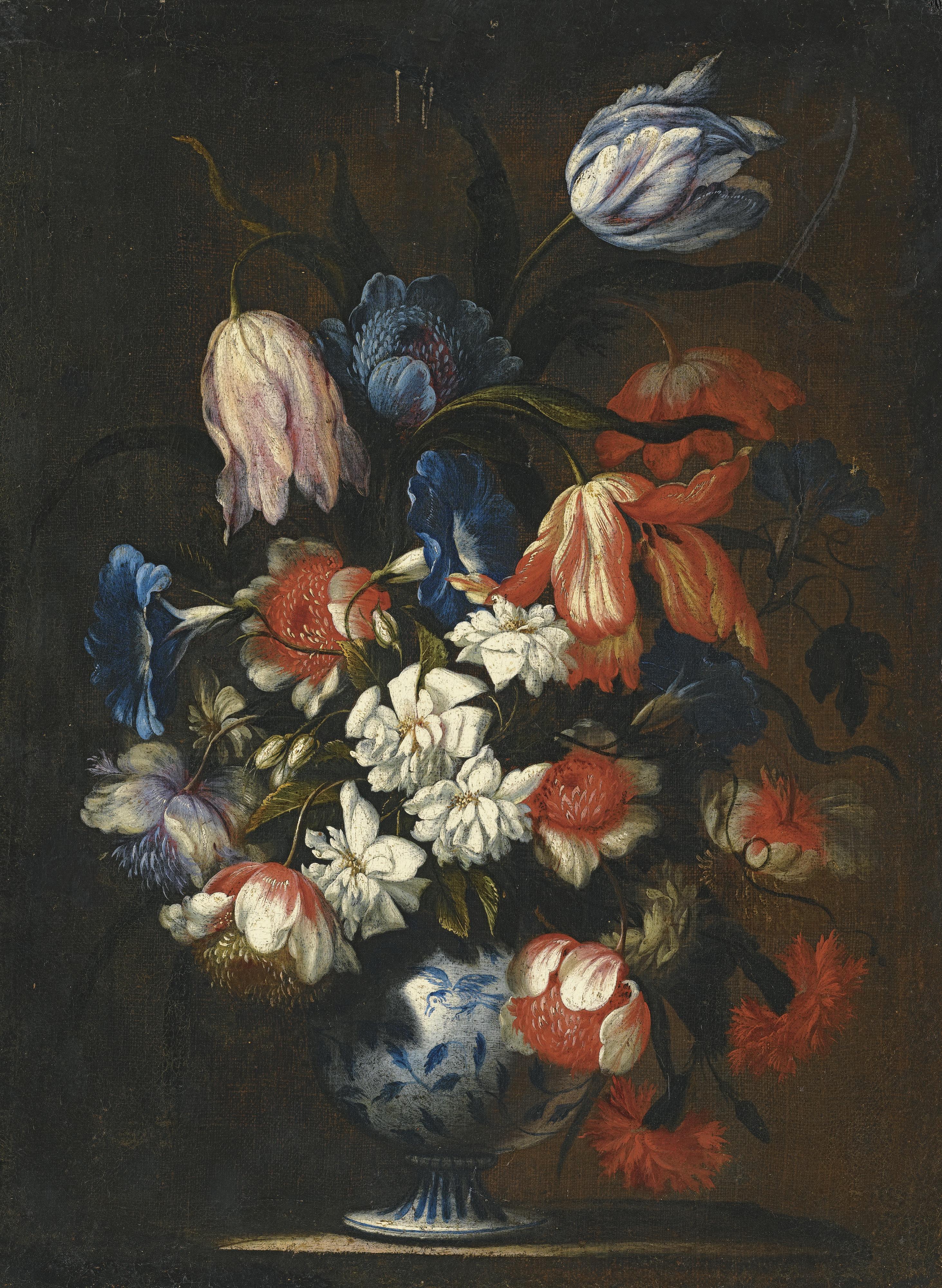 Francesco Mantovano - A Still Life With Tulips, Carnations And Other Flowers In A Blue And White Porcelain Vase
