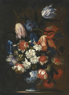 Francesco Mantovano - A Still Life With Tulips, Carnations And Other Flowers In A Blue And White Porcelain Vase