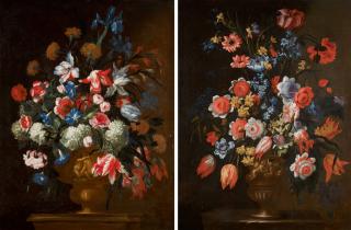 Francesco Mantovano - Floral Still Lifes Of Bouquets Of Flowers In Sculpted Urns, Upon A Ledge
