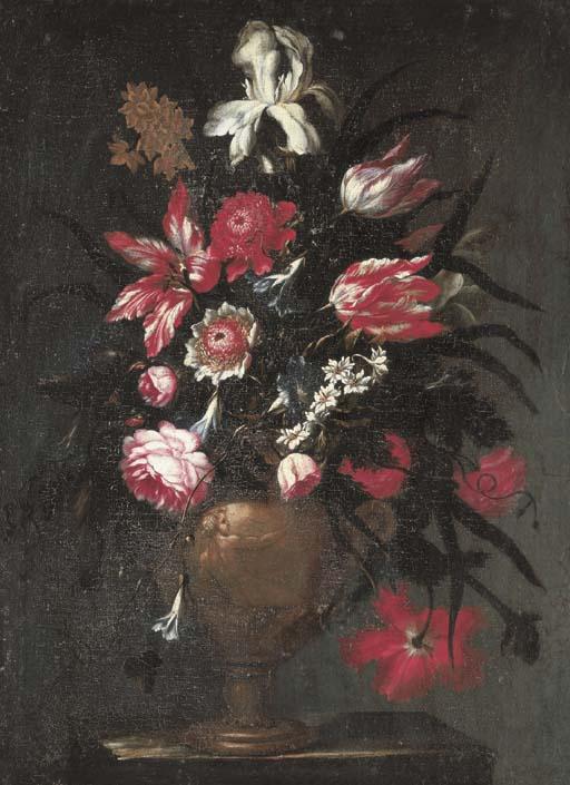 Francesco Mantovano - Irises, tulips, roses and other flowers in a sculpted vase