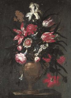 Francesco Mantovano - Irises, tulips, roses and other flowers in a sculpted vase