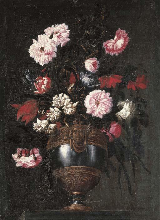 Francesco Mantovano - Peonies, roses, tulips and other flowers in a pewter vase with a grotesque mask and other ormoulu decorations