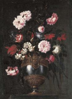 Francesco Mantovano - Peonies, roses, tulips and other flowers in a pewter vase with a grotesque mask and other ormoulu decorations