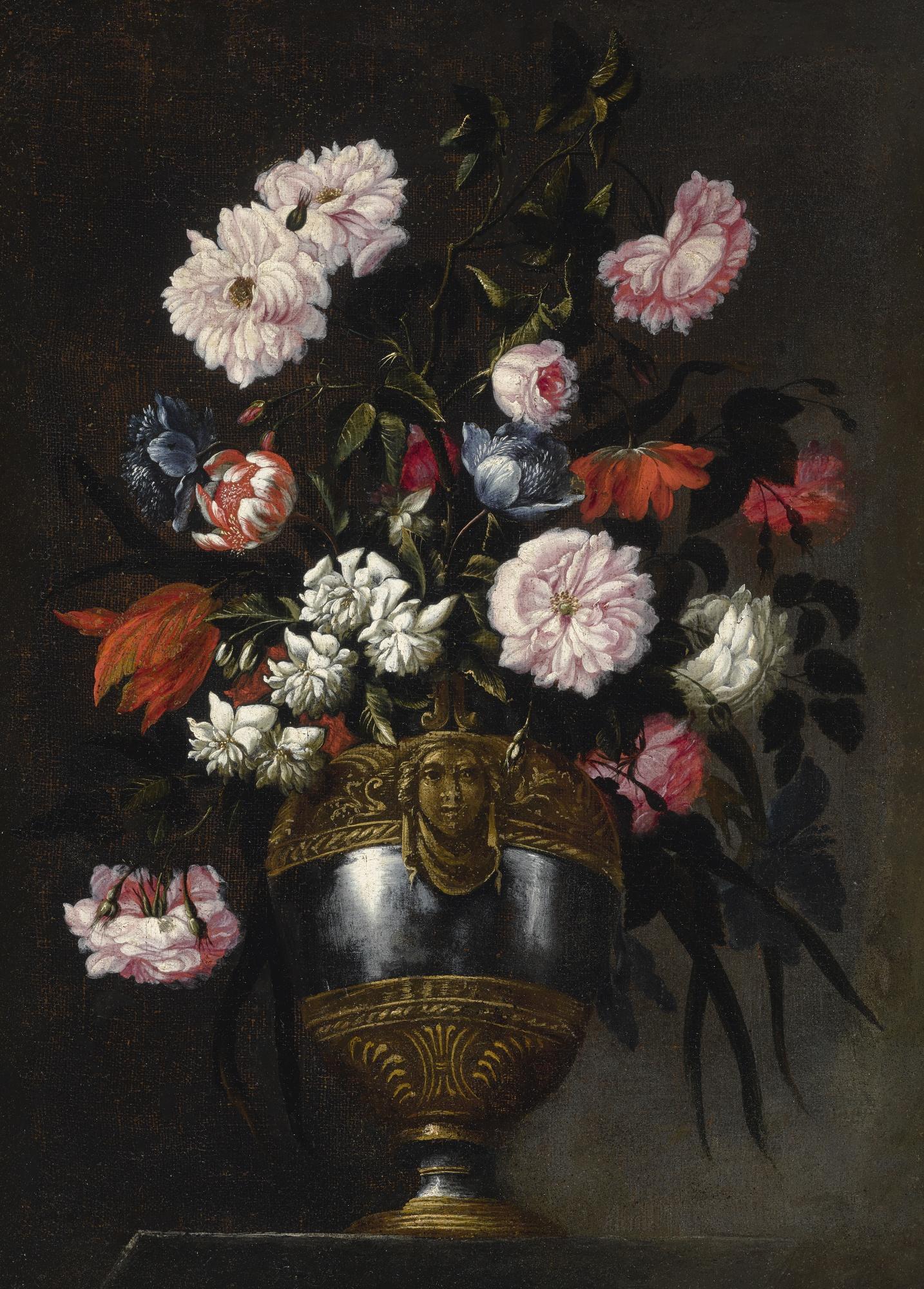 Francesco Mantovano - Still Life Of Roses, Tulips, Anemones And Peonies In A Vase Ornamented With A Grotesque Mask