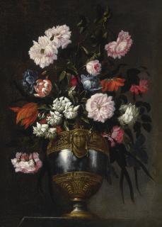 Francesco Mantovano - Still Life Of Roses, Tulips, Anemones And Peonies In A Vase Ornamented With A Grotesque Mask