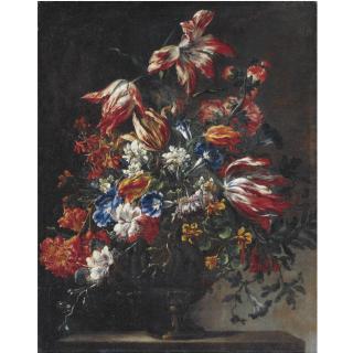 Francesco Mantovano - Still Life Of Tulips, Morning Glories And Other Flowers In A Vase