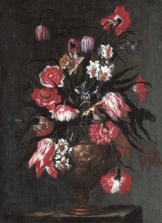 Francesco Mantovano - Tulips, carnations, daffodils and other flowers in a sculpted vase