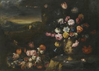 Francesco Mantovano - Two Still Lifes, Each With Vases Of Flowers In A Coastal Landscape Setting