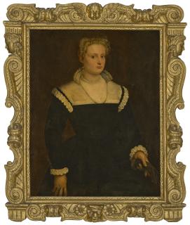 Francesco Montemezzano - Portrait of a lady, traditionally identified as a member of the Morosini family of St Formos, three-quarter-length, in a black gown and gold-trimmed white partlet, holding a pair of gloves