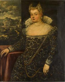 Francesco Montemezzano - Portrait Of A Lady, Traditionally Identified As Rita Bellesi, Three-Quarter Length, Wearing Elaborate Venetian Dress, Standing Beside A Table, A Villa Beyond