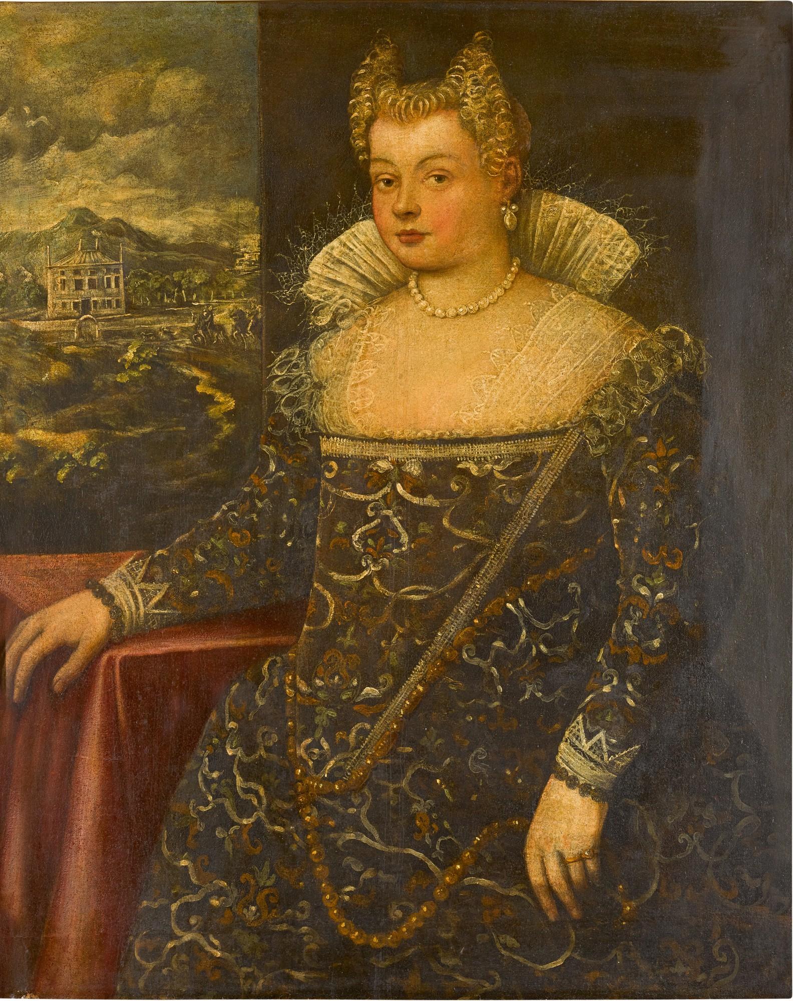 Francesco Montemezzano - Portrait of a lady, traditionally identified as Rita Bellesi, three-quarter length, wearing elaborate Venetian dress, standing beside a table, a villa beyond