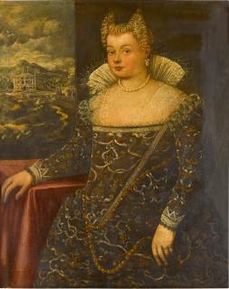 Francesco Montemezzano - Portrait of a lady, traditionally identified as Rita Bellesi, three-quarter length, wearing elaborate Venetian dress, standing beside a table, a villa beyond