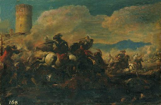 Francesco Monti - A Cavalry battle near a tower