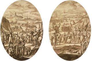 Francesco Monti - Turkish troops and artillery by the tent of a general; and A christian general being presented with the keys of a city by a defeated Turk, cavalry on a battlefield beyond