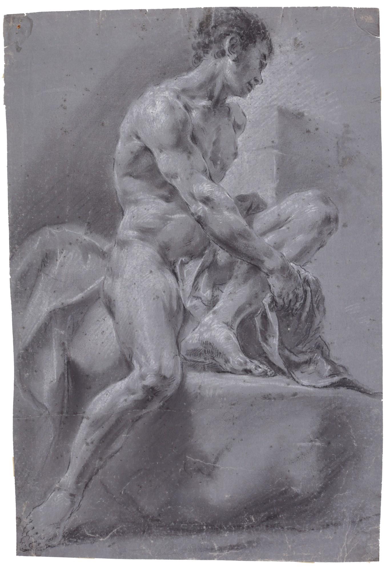 Francesco Monti - Two Academy Studies: A) Seated male nude, his left leg raised B) A male nude, looking upwards, one hand raised, the other across his chest