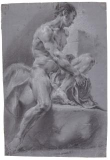 Francesco Monti - Two Academy Studies: A) Seated male nude, his left leg raised B) A male nude, looking upwards, one hand raised, the other across his chest