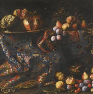 Francesco Noletti - Still Life Of Pomegranates, Peaches, Apples And Other Fruit Displayed On A Draped Carpet