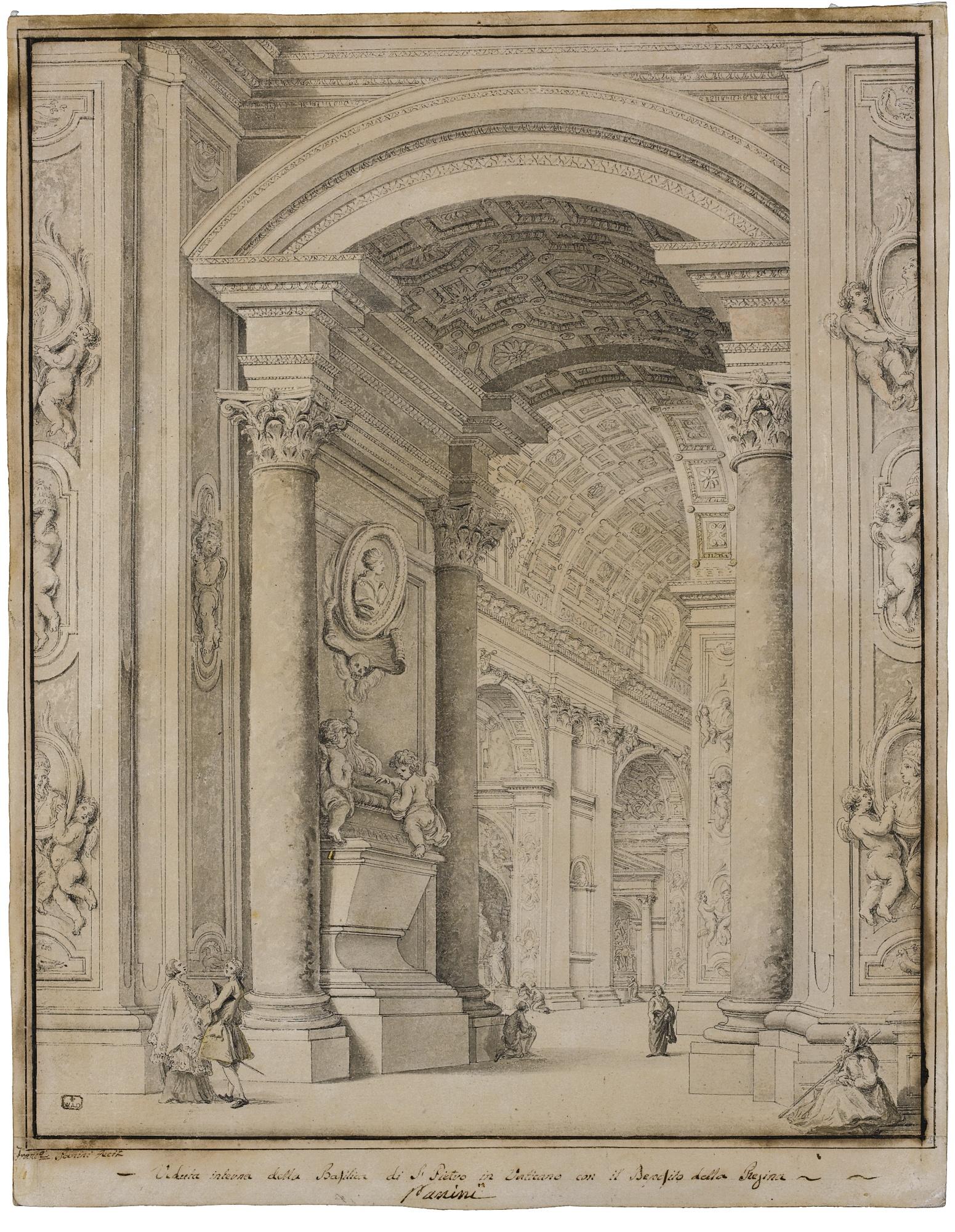 Francesco Panini - View Of The Interior Of St. Peter\'S Basilica, Rome, With The Tomb Of Queen Christina Of Sweden