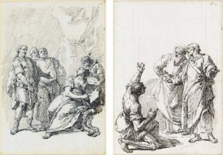 Francesco Salvator Fontebasso - A soldier standing before a seated woman holding a letter; and The Apostles Peter and John healing a Cripple
