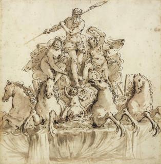 Francesco Salvator Fontebasso - Design For A Fountain Of Neptune In His Chariot Drawn By Four Hippocamps, Flanked By Nymphs And Putti