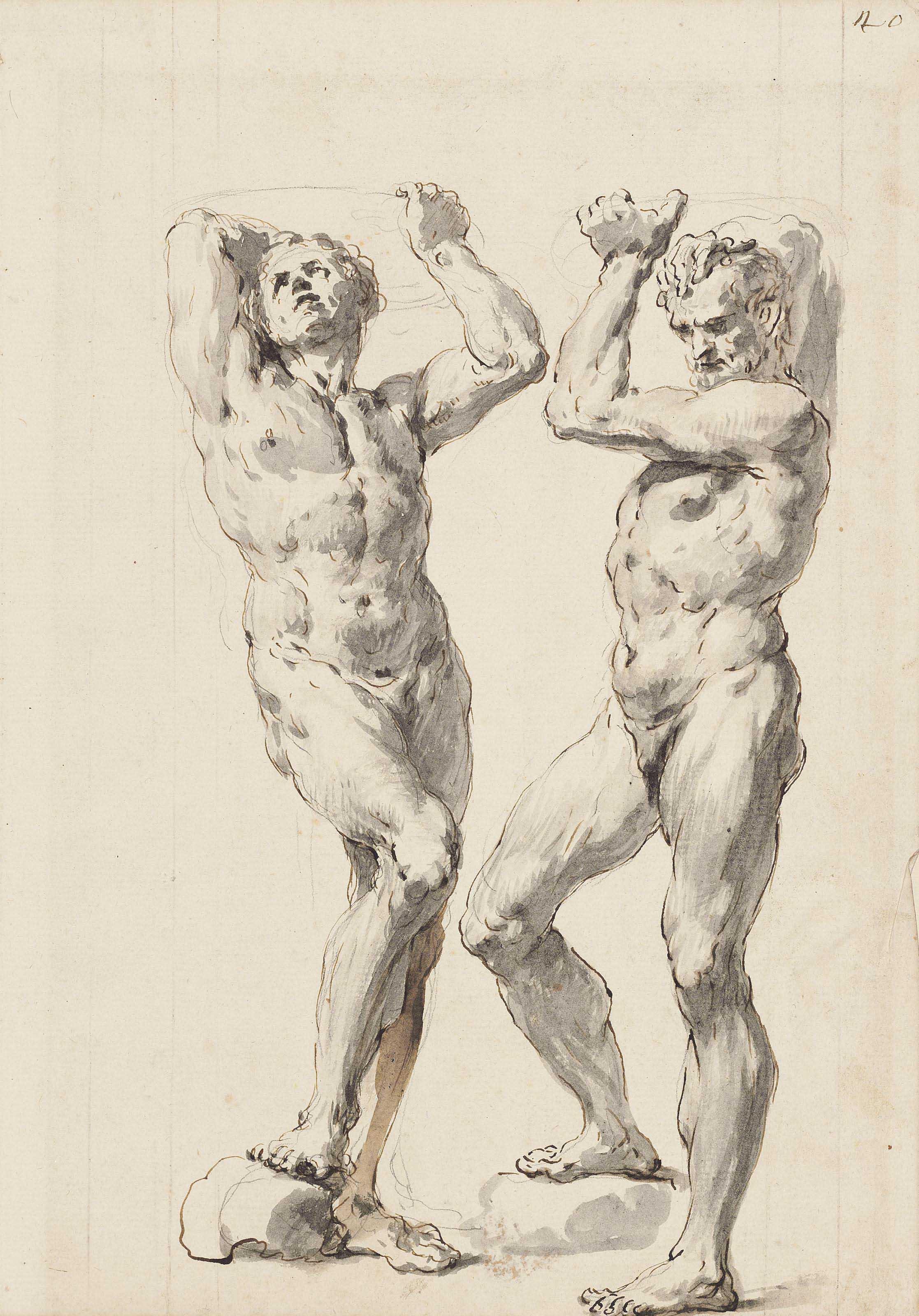 Francesco Salvator Fontebasso - Two male nudes, holding a dish above their heads