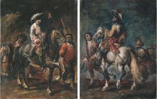 Francesco Simonini - A cavalier wearing a red sash with his groom, another horseman beyond; and A cavalier in a white satin coat with a pink waistcoat and his groom, a horseman beyond