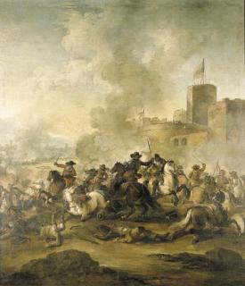 Francesco Simonini - A Cavalry Battle Outside A Castle, A Town Beyond