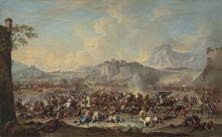 Francesco Simonini - An extensive mountainous landscape with a battle scene