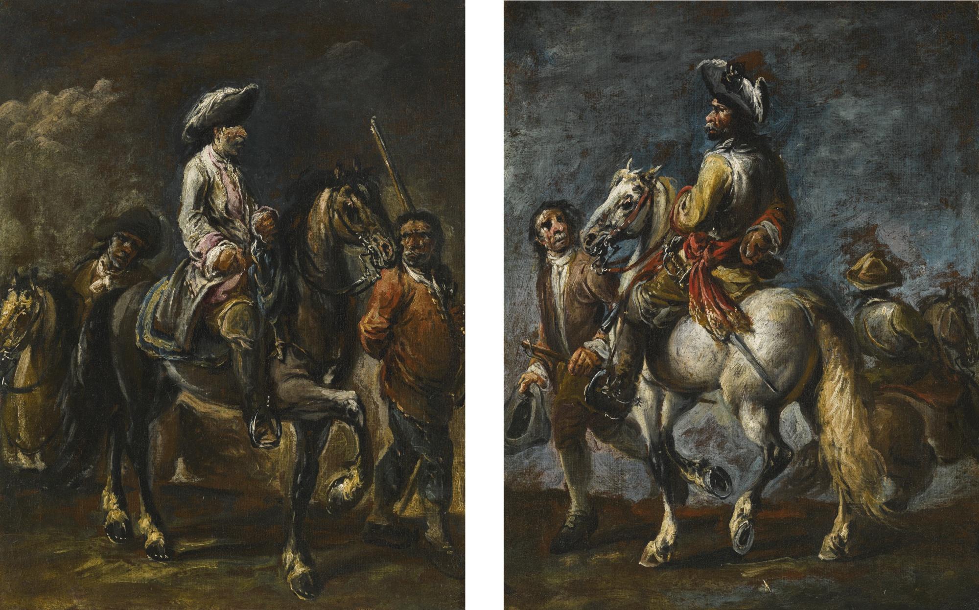 Francesco Simonini - Cavalier Wearing A Red Sash, With His Groom; Cavalier In A White Coat