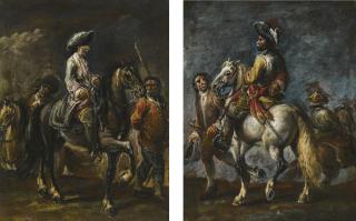 Francesco Simonini - Cavalier Wearing A Red Sash, With His Groom; Cavalier In A White Coat