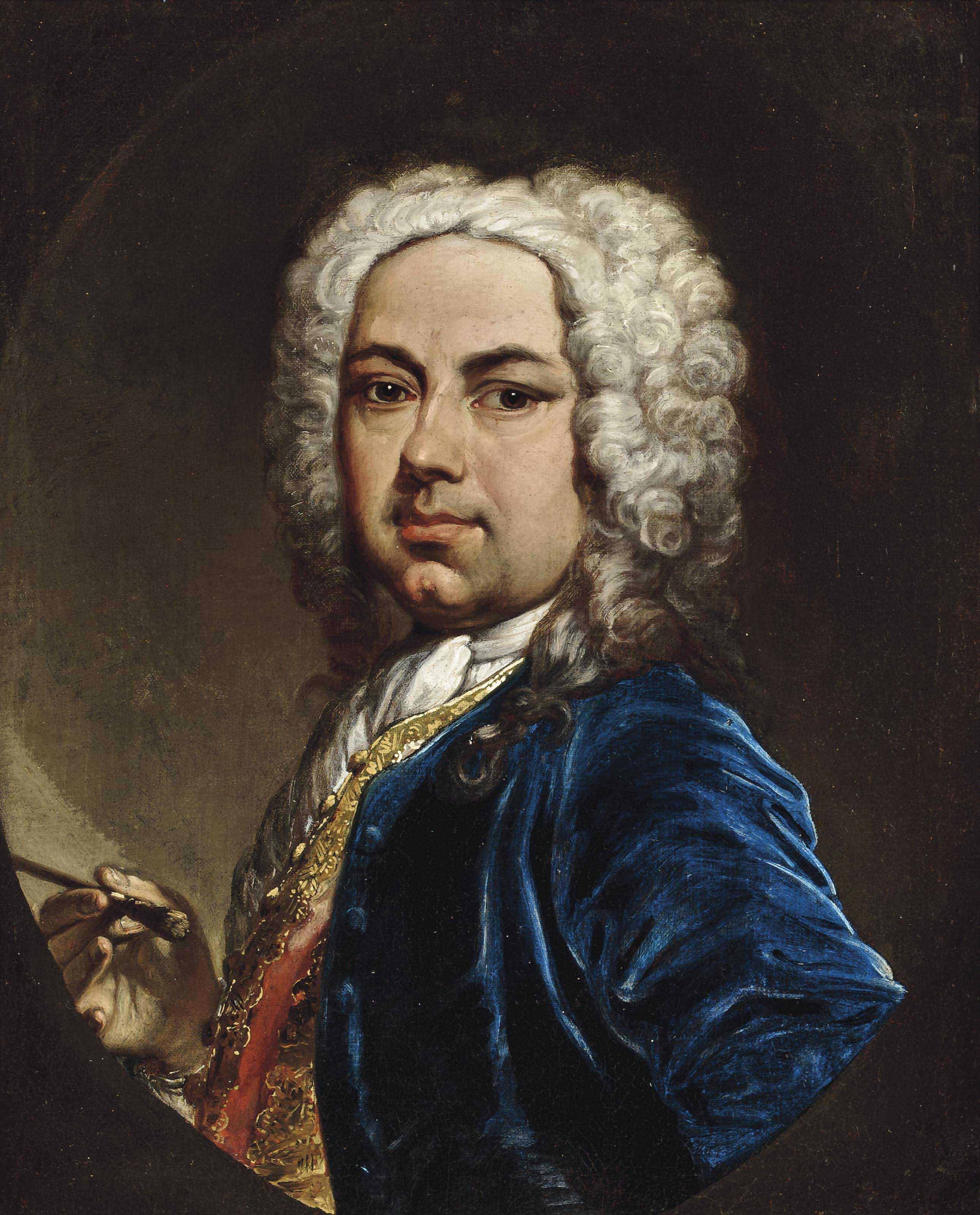 Francesco Solimena - Portrait of a gentleman, bust-length, in an embroidered waistcoat and a blue coat, in a painted oval