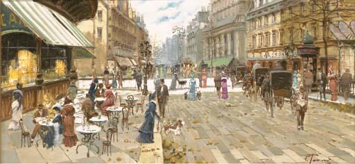 Francesco Tammero - Carriages and elegant figures on a bustling Parisian boulevard