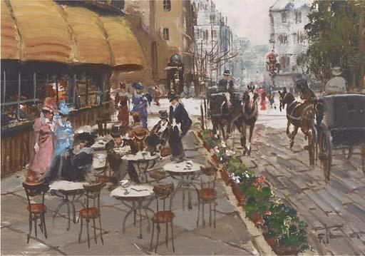 Francesco Tammero - Carriages outside a Parisian street cafe