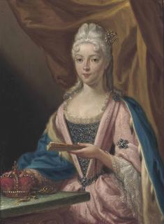 Francesco Trevisani - Portrait of Maria Clementina Sobieska (1702–1735), small half-length, in a gem-studded bodice and pink embroidered dress, with ermine-lined blue cloak, holding a fan, her right hand resting on a coronet