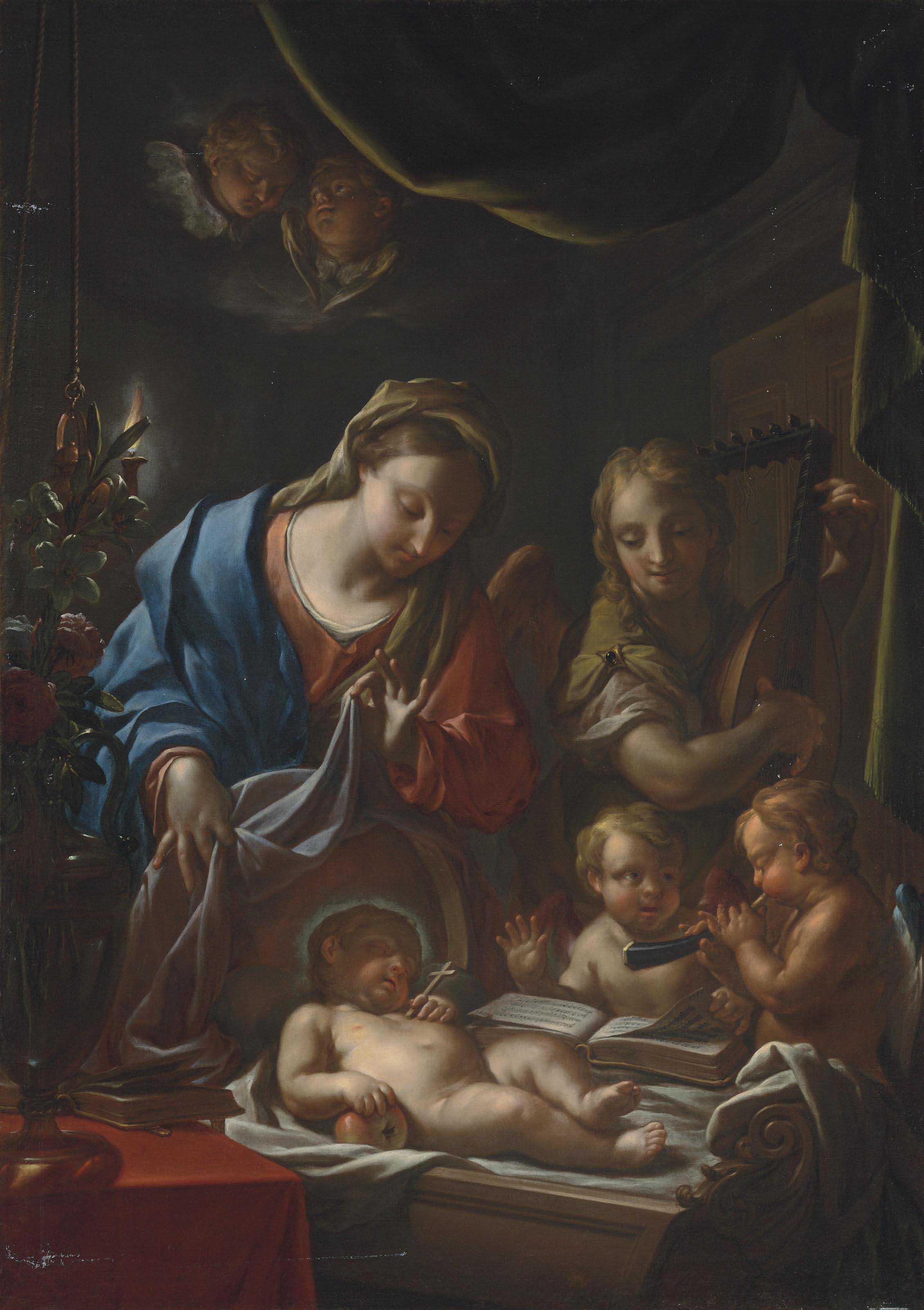 Francesco Trevisani - The Madonna and sleeping Christ Child with an attending angel and cherubs making music