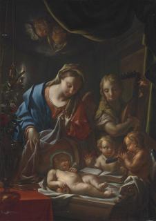 Francesco Trevisani - The Madonna and sleeping Christ Child with an attending angel and cherubs making music